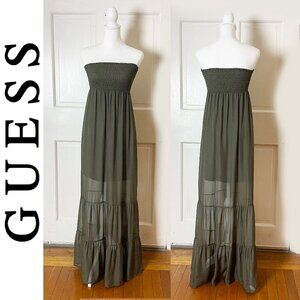 Guess Long Silk Maxi Dress | Fern/Green Color | Smocked Strapless | Size S | EUC